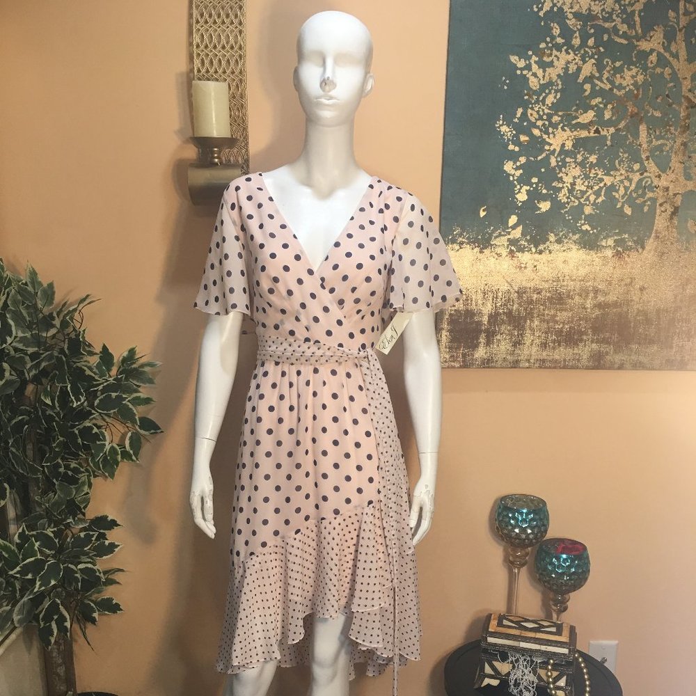 ELIZA J Polka Dot Chiffon Faux Wrap Dress size 8